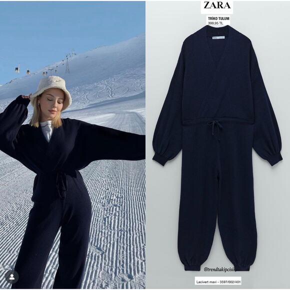 ZARA Navy Blue Jumpsuit Ribbed Knit Wrap V-Neck Casual Drop Shoulder M Medium - Picture 9 of 9